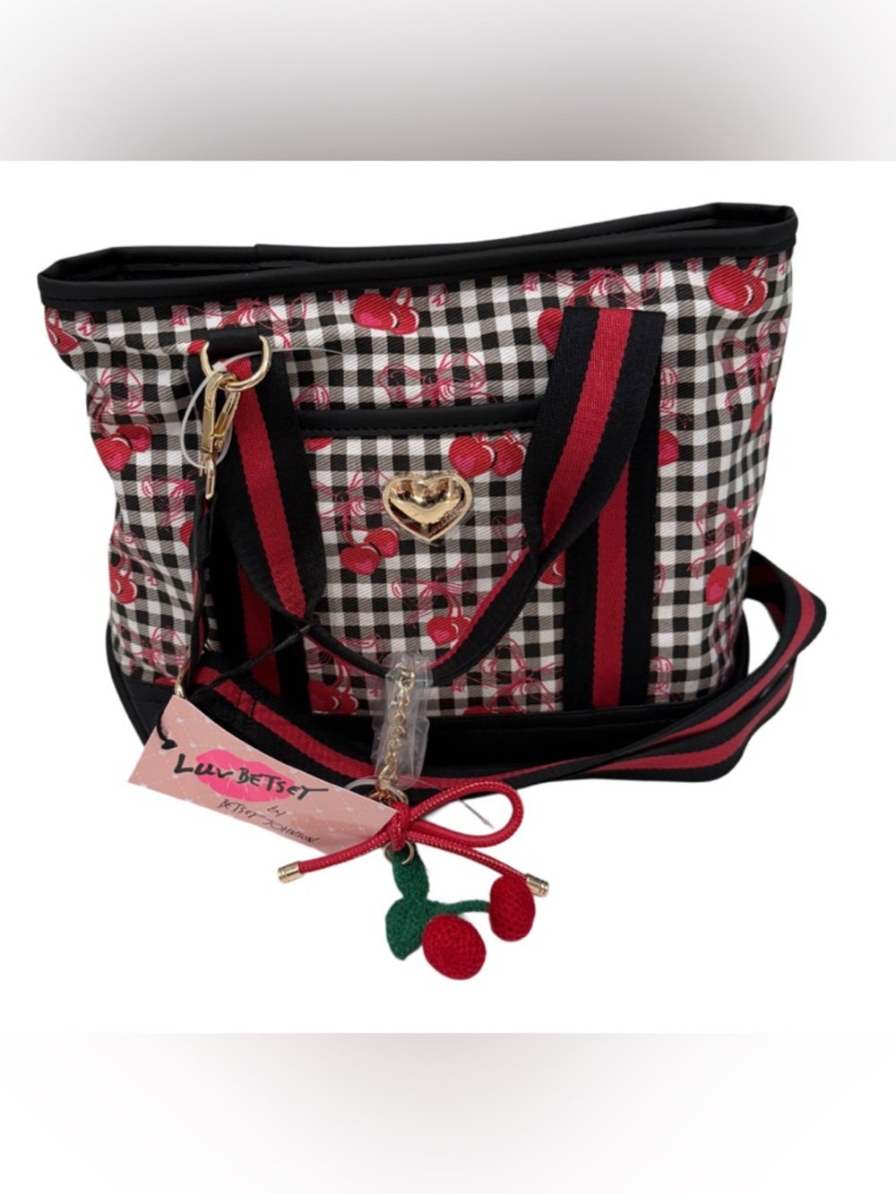LUV Betsey by Betsey Johnson checkered tote bag womens cherry print NWT